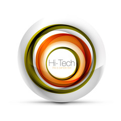 Digital techno sphere web banner, button or icon with text. Glossy swirl color abstract circle design, hi-tech futuristic symbol with color rings and grey metallic element