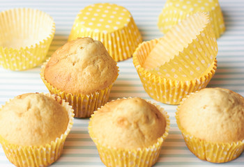 Appetizing muffins in a yellow wrapper on a blue background.