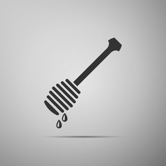 Honey dipper stick with dripping honey icon isolated on grey background. Honey ladle. Flat design. Vector Illustration