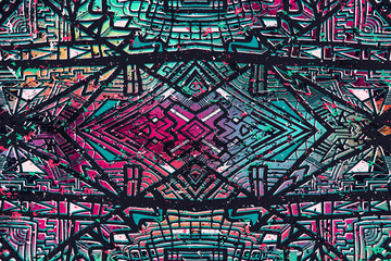 Abstract background. Ethnic ornament on grunge colorful texture. Ethnic geometric wallpaper. Creative vector backdrops. Aztec style illustration. Mexican or brazilian style design.