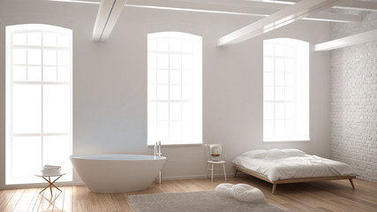 Classic industrial modern bedroom with big windows, brick wall, parquet floor and bathtub, white...