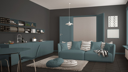 Scandinavian modern living room with kitchen, dining table, sofa and rug with pillows, minimalist white and blue architecture interior design
