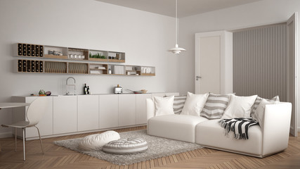 Scandinavian modern living room with kitchen, dining table, sofa and rug with pillows, minimalist...