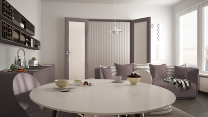 Healthy sweet breakfast in modern scandinavian kitchen living room, sofa and big window, white and red architecture interior design