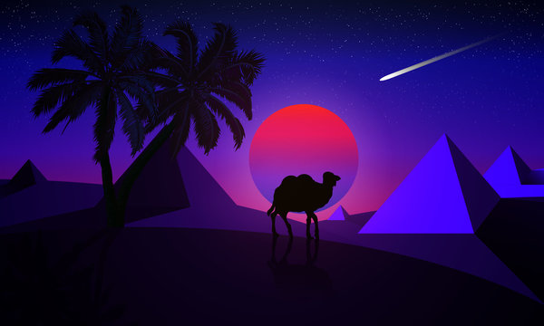 Night landscape of a palm tree and a camel on a background of desert pyramids