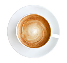 Top view of hot coffee latte cappuccino spiral foam isolated on white background, clipping path included