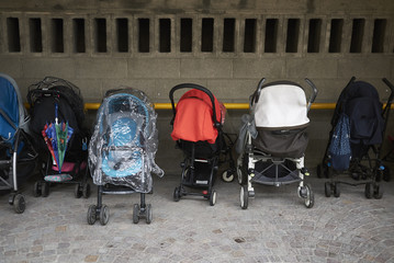 Milan, Italy - March 07, 2018:  Children strollers