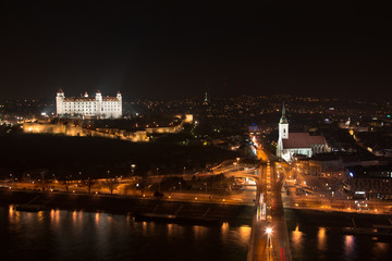 Fototapeta na wymiar Bratislava City skyline aerial view. Timelapse from UFO bridge at night