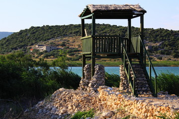 Fototapeta na wymiar Observation tower at Lake Vransko near Pirovac in Croatia 
