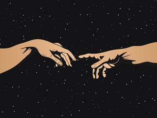 Obraz na płótnie Canvas Adam and God hands on space background. Vector illustration
