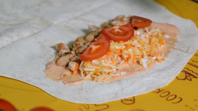 Cooking process of shawarma, traditional turkish meat, workflow closeup