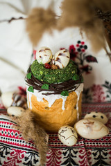 Easter pie in eco-style on the background of the national traditional turret.