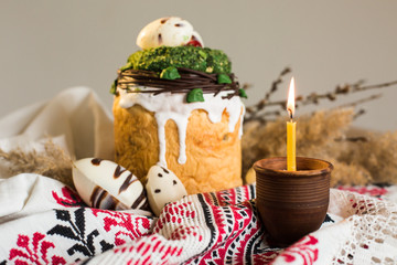 Easter pie in eco-style on the background of the national traditional turret.