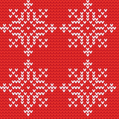 Fototapeta na wymiar Snowflakes. Knitted red white background of snowflakes. For decoration, design, cards, invitations, packing paper, packages.
