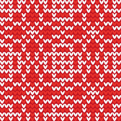 Knitted red white background, texture with geometric pattern. Snowflake, flower. For design, registration of invitations, postcards, wallpapers, wrapping paper, fabrics, knitting.