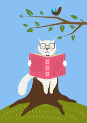 Cute white cat reading book outdoor. Cat siting on stump. Hand drawn vector illustration.