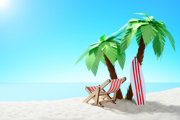 The concept of summer vacation. Beautiful view of the sandy coast with palm trees and holiday accessories