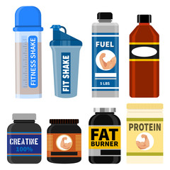 Bodybuilders gym athlete sport food diet symbols fitness nutrition protein powder drink vector illustration.