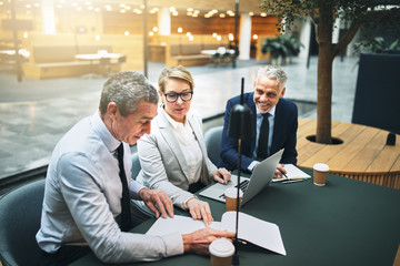 Mature businesspeople working in the lobby of an office building