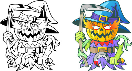 cartoon jack lantern with scythe, funny illustration