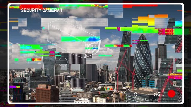 amazing london city timelapse with television glitch and distortion mapped over the skyline and a sequence of cctv cameras