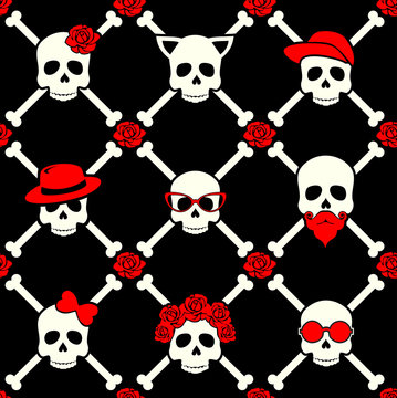 Day of the dead, colorful stylish skull with ornament and floral pattern. Seamless pattern.