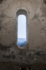 Wooden window of Central church in Arkhyz
