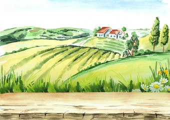 Old farm and fields in countryside with empty table as background. Watercolor hand drawn illustration