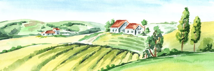 Fotobehang Oude boerderij en velden op het platteland. Aquarel hand getekende horizontale illustratie © dariaustiugova