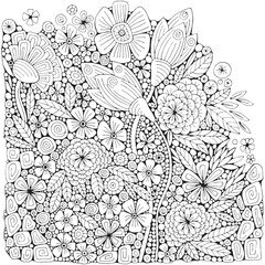 Coloring book page with different little flowers and leaf in zentangle style. Black and white vector illustration. Doodle, hand drawn, zen art, anti stress.