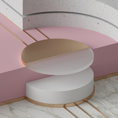 3d rendering, modern mock up, abstract geometric background, blank template, minimalistic empty showcase, primitive shapes, art deco shop display, pastel colors
