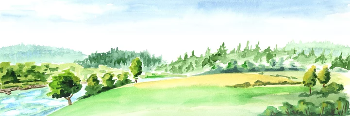Fototapeten Rural landscape with river. Watercolor hand drawn horizontal illustration © dariaustiugova