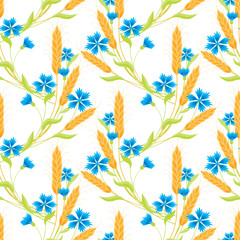 Fototapeta premium Patttern of cornflowers and ripe ears of wheat