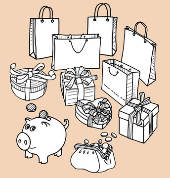 Piggy bank,purse and purchases. All objects isolated