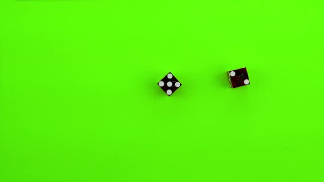 Red casino dice being rolled and settling on seven (all three combinations) on a green screen. Multiple rolls.