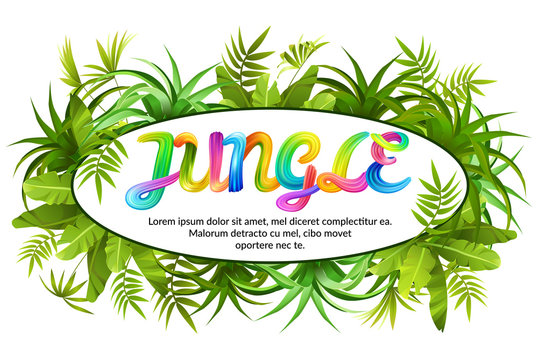Decorative tropical jungle background and calligraphy text with brushstroke oil or acrylic paint. Isolated vector illustration.