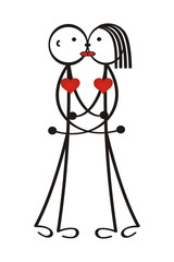 Kissing couple. Man and woman, boy and girl. With red hearts. The metaphorical cartoon figure. Yin Yang. Vector graphics.