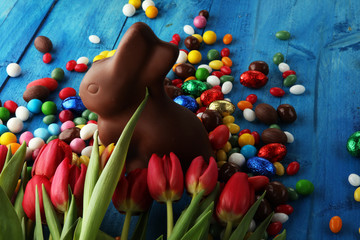 Fototapeta na wymiar Chocolate Easter eggs and bunny with fresh easter flower