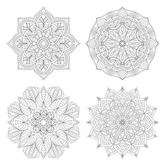 Four flower circular mandala for adults. 4 Coloring book page design. Anti stress black and white vintage decorative element. Monochrome oriental ethnic pattern.Hand drawn isolated vector illustration