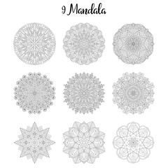 Nine Flower circular mandala for adults. 9 Coloring book page design. Anti stress black and white vintage decorative element. Monochrome oriental ethnic pattern.Hand drawn isolated vector illustration