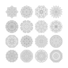 Sixteen Flower circular mandala for adults. 16 Coloring book page design. Anti stress black white vintage decorative element. Monochrome oriental ethnic pattern.Hand drawn isolated vector illustration