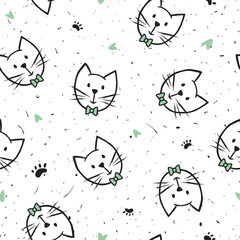 Seamless texture with funny, cute cats. Festive background for printing on paper, fabric. Baby vector illustration for cover design, wallpaper, wrapping paper, greeting card.