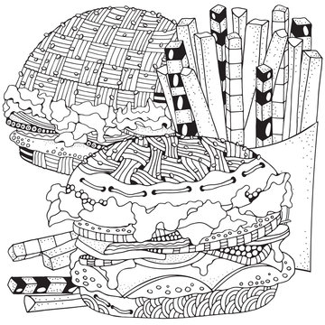 Fast Food. Burgers, French Fries. Coloring Book Page. Black And White Vector Doodle Fast Food Pattern.