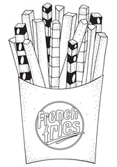 Fast food. French fries in doodle style. Coloring book page. A4 size. Black and white vector fast food pattern.