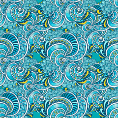 Abstract Zen tangle Zen doodle marine seamless pattern from shells blue orange for decoration clothes package   or for print and others