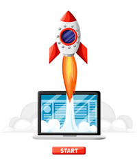 Successful startup business concept. Laptop with Rocket Start. Business Project development, website promotion. Vector illustration in flat style on white background. Website page and mobile app