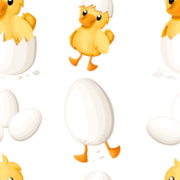 Seamless pattern of duckling hatch from the egg. Cute duckling in cartoon style. Vector illustration on white background. Website page and mobile app design