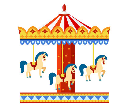 Colorful carousel with horses. Amusement park concept. Vector illustration isolated on white background. Website page and mobile app design