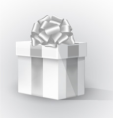 Gift box in perspective with silver ribbon isolated on white background. Element festive design. Silver ribbon tied bow. Vector 3d object. 
