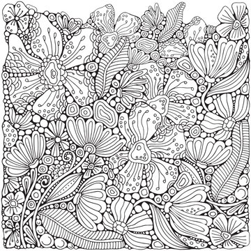 Coloring book page with different little flowers and leaf in zentangle style. Black and white vector illustration. Doodle, hand drawn, zen art, anti stress.